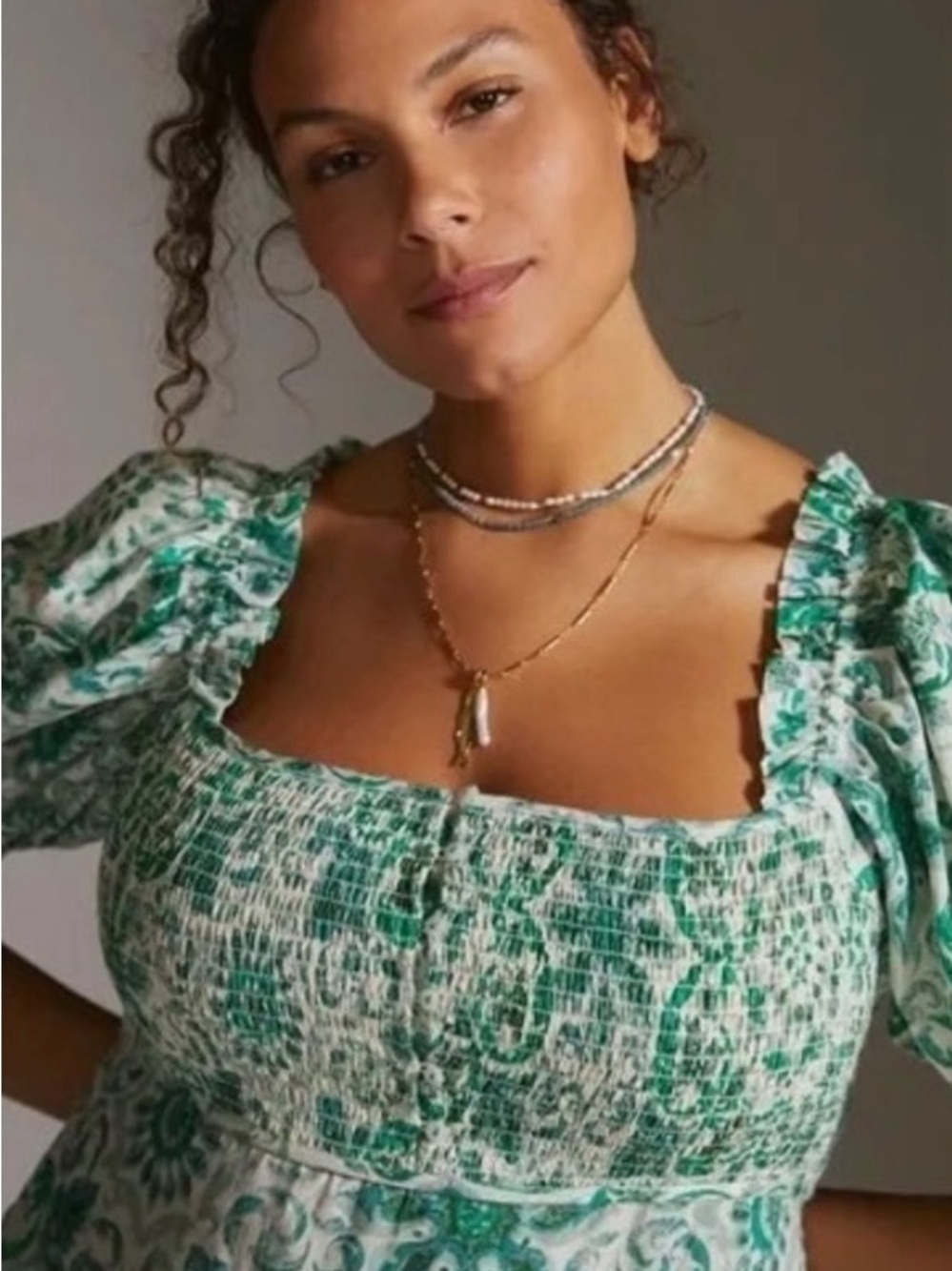 Anthropologie Green and White Floral Smocked Midi Dress